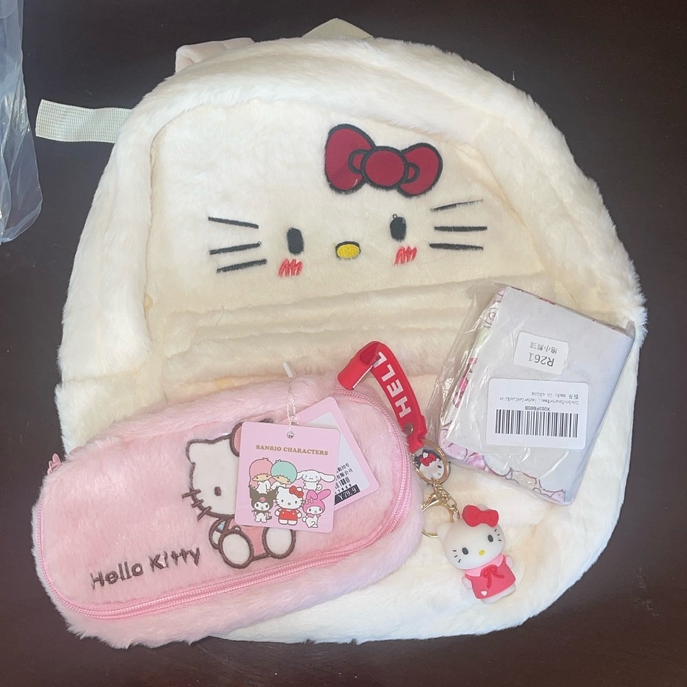 New hello Kitty backpack bundle, fuzzy, keychain, wallet, make up pencil case